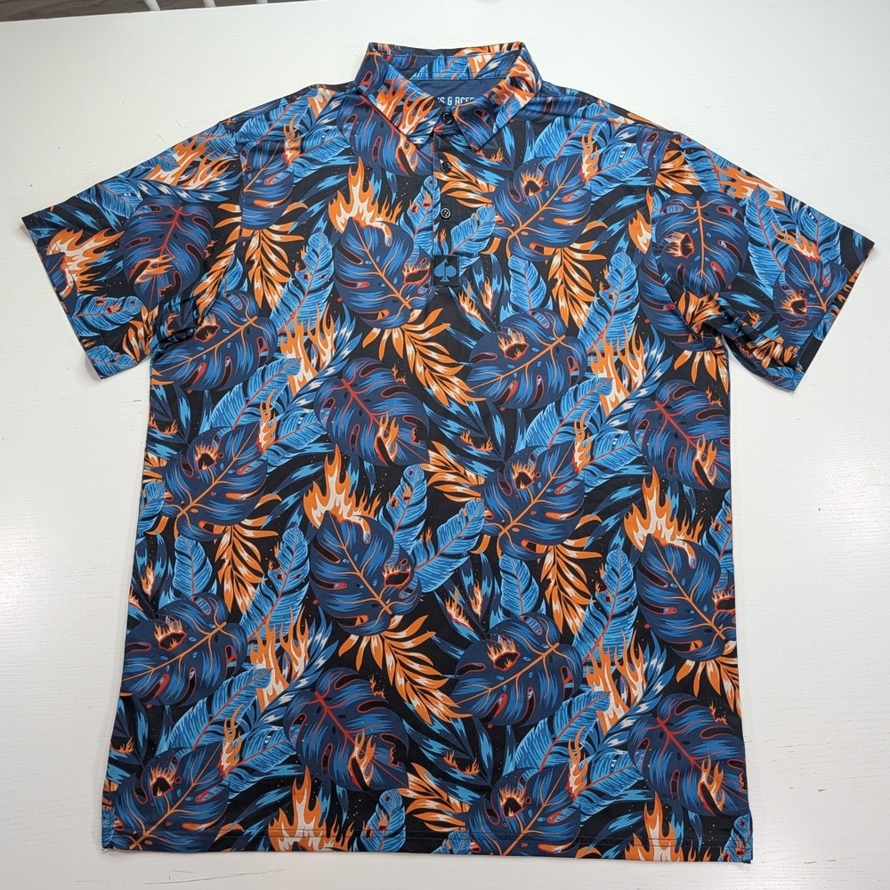 Pins & Aces Floral Flames Golf Polo Mens XL Navy Orange Tropical Performance